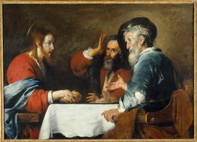 Kristuksella on Emmaus Kristus ilmestyy pyhiinvaeltajille, jotka istuvat pöydässä emmauslaisen majatalon ääressä. Bernardo Strozzin (1581-1644) maalaus 1640 Su. 1,24 x 1,72 m Grenoble, Musee des Beaux Arts tekijältä Bernardo Strozzi