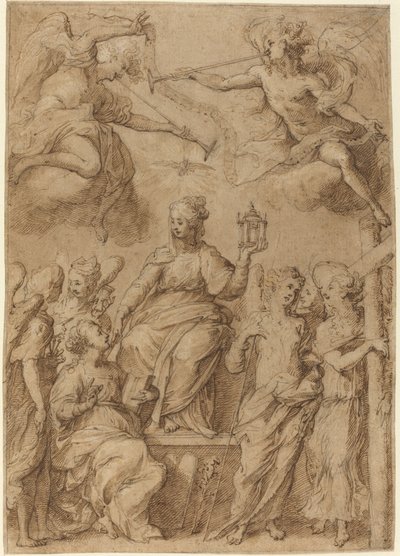 Ecclesia, jota ympäröivät enkelit, jotka pitävät kädessään passion soittimia tekijältä Bernardo Strozzi