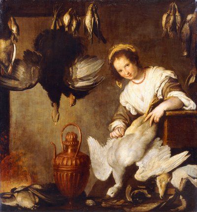 La Cuoca - Keittiön piika kynimässä hanhia sisätiloissa, tekijältä Bernardo Strozzi