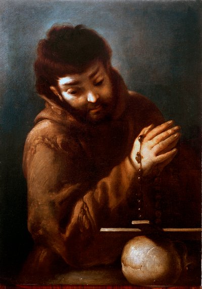 Pyhän Francois Assisilaisen esitys krusifiksia palvomassa Bernardo Strozzin (1581-1644) maalaus 1600-luku Yksityinen kokoelma tekijältä Bernardo Strozzi