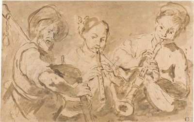 Kolme muusikkoa soittaa torvia ja piippua tekijältä Bernardo Strozzi