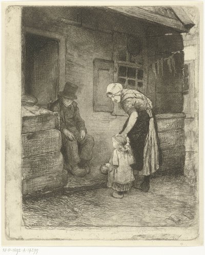Nainen pienen lapsen kanssa seisoo istuvan vanhan miehen kanssa työläisen talon edessä tekijältä Bernardus Johannes Blommers
