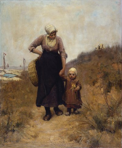 Äiti ja lapsi polulla meren rannalla tekijältä Bernardus Johannes Blommers or Bloomers
