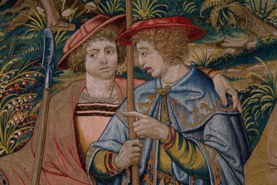 Flanderin kuvakudos. Sarja Rooman säätiö: Faustulus tapaa Romulun ja Remuksen. Sarjakuvapiirtäjä Barend van Orley (?). Brysselin valmistus. 1525-1530. Yksityiskohta. tekijältä Bernart van (attr. to) Orley