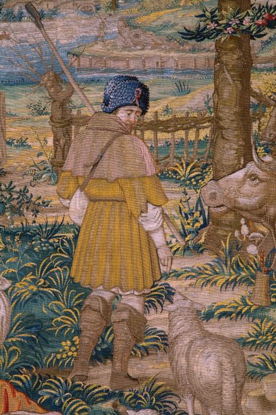 Flanderin kuvakudos. Sarja Rooman säätiö: Faustulus tapaa Romulun ja Remuksen. Sarjakuvapiirtäjä Barend van Orley (?). Brysselin valmistus. 1525-1530. Yksityiskohta. tekijältä Bernart van (attr. to) Orley