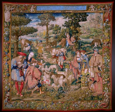Flanderin kuvakudos. Sarja Rooman säätiö: Faustulus tapaa Romulun ja Remuksen. Sarjakuvapiirtäjä Barend van Orley (?). Brysselin valmistus. 1525-1530. tekijältä Bernart van (attr. to) Orley