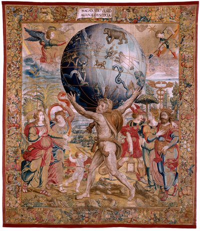 Flanderin kuvakudos. Sarja The Spheres. Taivaanpalloa tukeva Hercules (Hércules sostiene la esfera celeste). Ensimmäinen kuvakudos sarjassa. Mallina Barend van Orley tai Pieter Coecke van Aelst. 1525-1530. Valmistus Joris Vezeleer (Georg Wezeler)?, B tekijältä Bernart van (attr. to) Orley