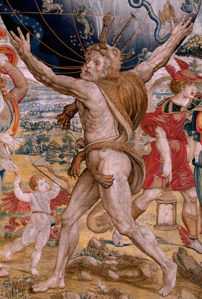 Flanderin kuvakudos. Sarja The Spheres. Hercules, joka tukee taivaanpalloa (Hércules sostiene la esfera celeste). Ensimmäinen kuvakudos sarjassa. Mallina Barend van Orley tai Pieter Coecke van Aelst. 1525-1530. Valmistus Joris Vezeleer (Georg Wezeler)?, tekijältä Bernart van (attr. to) Orley