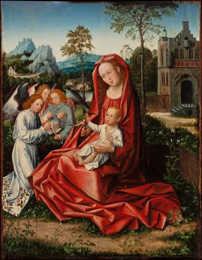 Neitsyt ja lapsi enkelien kanssa, noin 1530-1550 (öljy paneelille). tekijältä Bernart van (follower of) Orley