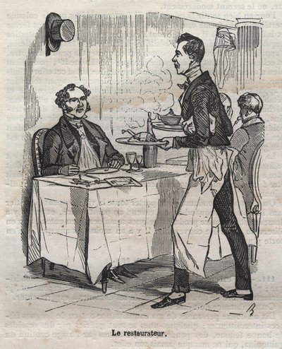 Restauraattori - kaiverrus Jean Anthelme Brillat Savarinin (Brillat-Savarin) kirjaan "La Physiologie du gout" tekijältä Bertall