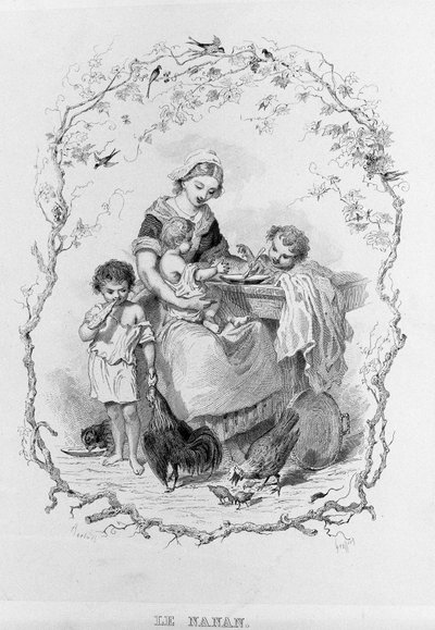 Nanan: nuori äiti antaa ruokaa kolmelle lapselleen Brillatin "La Physiologie du Gout" -kirjassa - Savarin kuvittanut Bertal. Pariisi 1840. Jean Anthelme Brillat Savarin (Brillat-Savarin) (1755-1826) Ranskalainen gastronomi. tekijältä Bertall