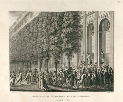 Camille Desmoulinsin Palais Royalissa 12. heinäkuuta 1789 tekemä esitys. tekijältä Berthault