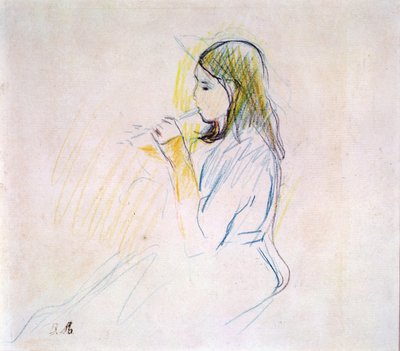 Manetin tytär soittamassa soitinta (värikynä paperilla) tekijältä Berthe Morisot