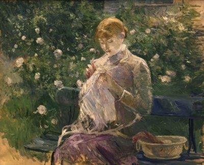 Pasie ompelee Bougivalin puutarhassa - 1881 - 81 × 100 cm - öljy kankaalle tekijältä Berthe Morisot