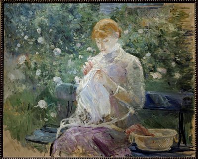 Pasie ompelee puutarhassa Berthe Morisotin (1841-1895) Bougival-maalauksen 1881 su. 0,81x1 m Pau, Musee des Beaux Arts tekijältä Berthe Morisot
