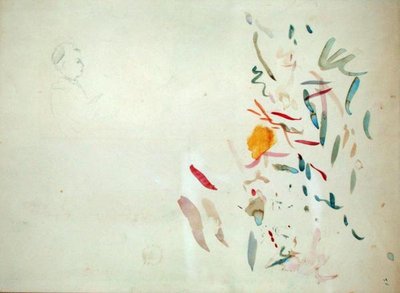 Luonnos naisen päästä ja väriviivat, mahdollisesti luonnosvihkosta, 1887 (wc ja kynä paperille) tekijältä Berthe Morisot