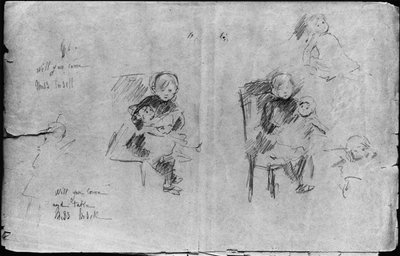 Tutkimuksia pikkutytölle nuken kanssa, 1884 (musta lyijy paperilla) tekijältä Berthe Morisot