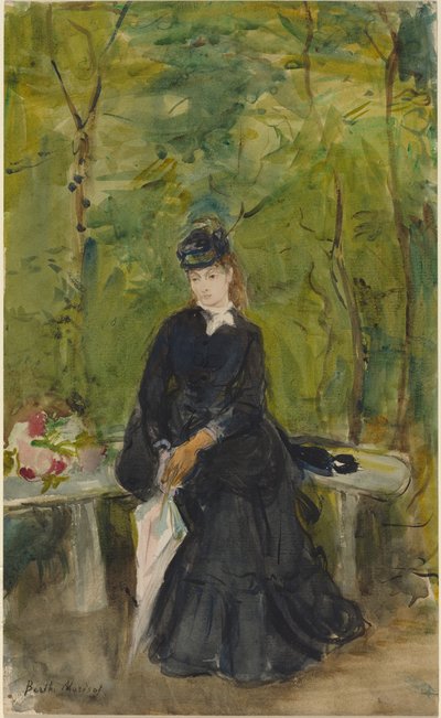 Taiteilijan sisar Edma istumassa penkillä tekijältä Berthe Morisot