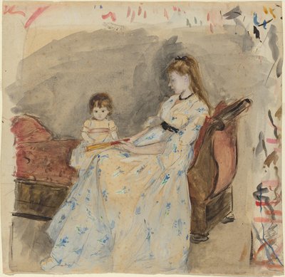 Taiteilijasisar Edma tyttärensä Jeannen kanssa, 1872 (wc grafiitin päällä paperille) tekijältä Berthe Morisot
