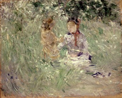 Nainen ja lapsi niityllä Bougivalissa tekijältä Berthe Morisot