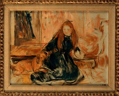 Nuori tyttö leikkii koiran kanssa, 1892 tekijältä Berthe Morisot