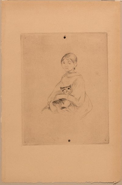 Nuori tyttö kissan kanssa, noin 1888 (etsaus) tekijältä Berthe Morisot