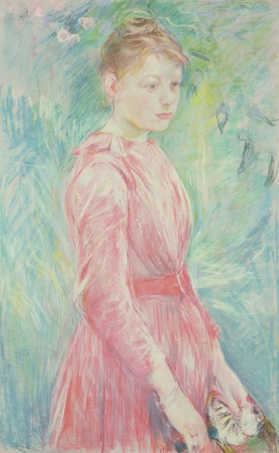 Nuori tyttö vaaleanpunaisessa puvussa (pastelli paperille) tekijältä Berthe Morisot