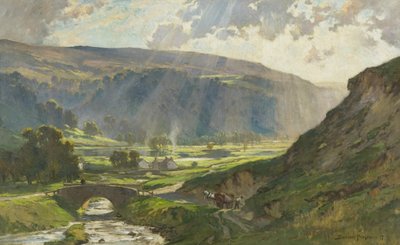 Wharfedalen auringon verhotut kukkulat tekijältä Bertram Priestman