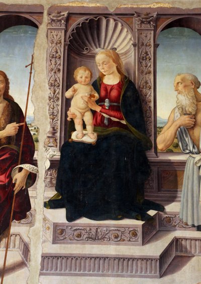 Madonna ja lapsi valtaistuimella pyhien Johannes Kastajan ja Jeronimon kanssa. tekijältä Biagio d