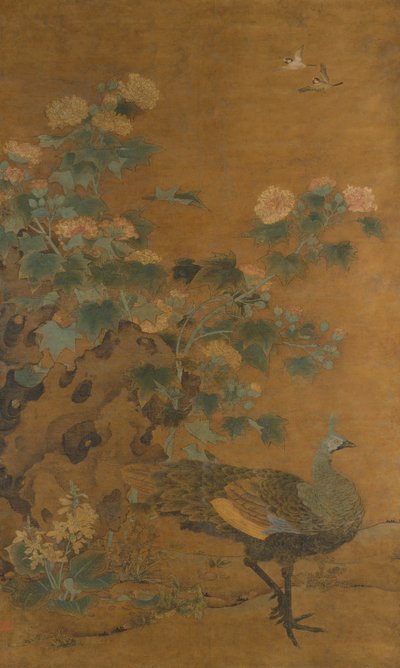 Peacock and Hollyhocks, 1300-luvun puoliväli. tekijältä Bian Lu