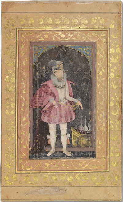 Harvinainen Mughal-muotokuva James I:stä, n. 1615-1618 (läpinäkymättömät pigmentit kullalla korostettuina paperilla) tekijältä Bichitr Bichitr