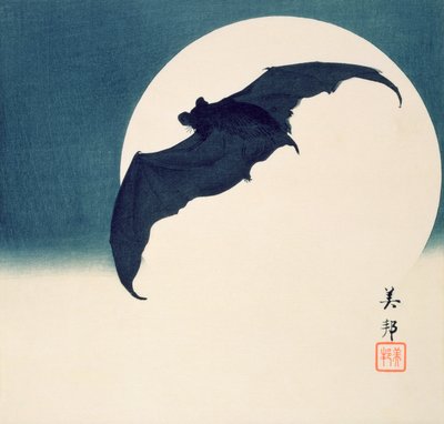 Bat and Full Moon (värillinen puupalikkaprintti) tekijältä Biho Takashi or Takahashi (b. 1873. fl 1890 1930)
