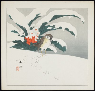 Lintu lumessa, 1900-luvun alku tekijältä Biho Takashi or Takahashi (b. 1873. fl 1890 1930)