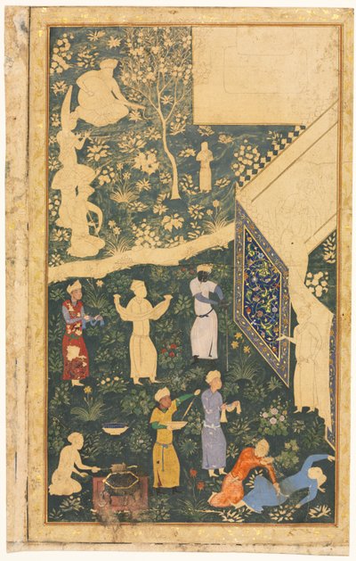 Muusikot ja palvelijat kuninkaallisen leirin ulkopuolella recto, n. 1485. tekijältä Bihzad