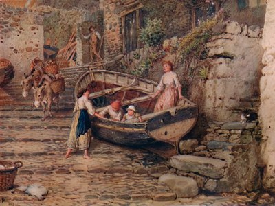 Näkymä Clovellyssä, veneen ja hahmojen kanssa, 1882, 1935 tekijältä Birket Foster