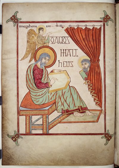Cotton Nero D. IV, f.25v St. Matthew, kirjoittaa, hänen symbolinsa, Lindisfarnen evankeliumeista, 710-721 (vellum) tekijältä Bishop of Lindisfarne Eadfrith