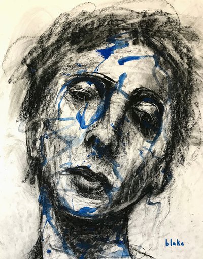 Feeling Blu’ Again, n. 2019 (hiili ja maali paperille) tekijältä Blake Munch