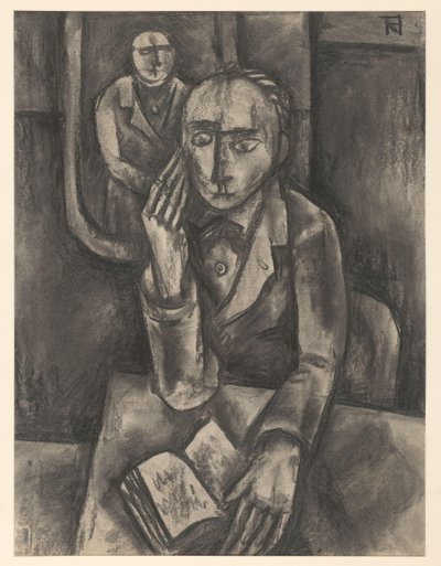 Mies istuu pöydän ääressä avoimen kirjan kanssa tekijältä Bob Hanf (signed by artist)