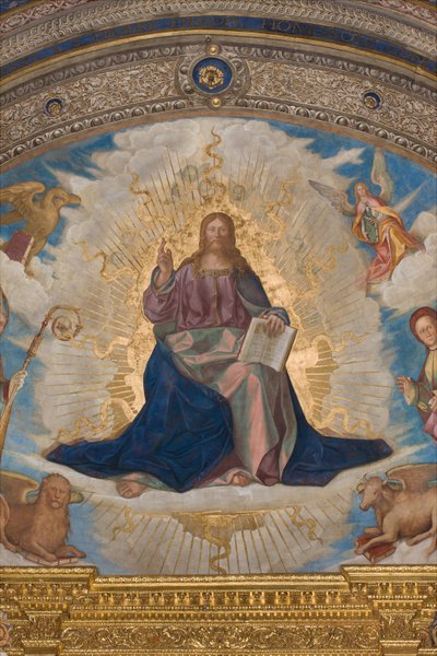 Apse, Catino Apse, Boccaccio Boccaccino, Pantocrator pyhien joukossa Marcellino, Imerio, Omobono, Peter Exorcist, Detail Pantocrator tekijältä Boccaccio Boccaccino