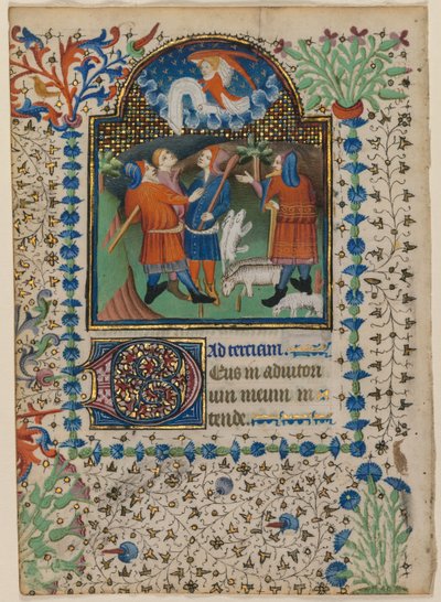 Lehti tuntikirjasta: Ilmoitus paimenille (recto) tekijältä Boethius Illuminator