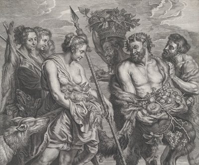 Diana palaa takaa-ajoa koirien ja nymfiensä seurassa vasemmalla, kaksi istui..., n. 1640-59. tekijältä Boetius Adams Bolswert
