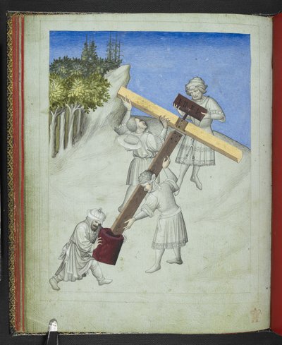 Lisää 24189, f.11v, Kristuksen ristin kokoonpano, neljästä eri puulajista, kuvattuna eri väreillä, "Sir John Mandevillen matkojen kuvakirjasta", n. 1410 (vellum) tekijältä Bohemian School