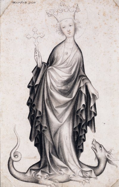 Pyhä Margareta Antiokilainen (kuoli noin 305) (Pyhä Margareta) (hän ​​pitää krusifiksia ja tallaa lohikäärmeen) - Böömiläisen mestarin työ (toimii 1410-1420), kynä ja sivellin paperille (21,4x14 cm), noin 1410 - Szepmuveszeti Muzeum, Budapest (Unkari) tekijältä Bohemian School