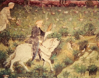 Syyskuu, yksityiskohta ratsastajasta haukalla, n. 1400 (fresko) tekijältä Bohemian School