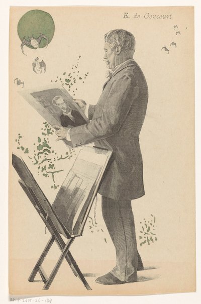 Edmond de Goncourt katsoo printtiä, vieressään printtistandardia E. de Goncourt (otsikko esineessä) tekijältä Boileau