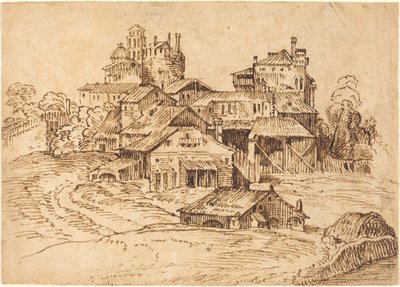 Näkymä italialaiseen kaupunkiin (Titianin tai Domenico Campagnolan jälkeen) tekijältä Bolognese 17th Century