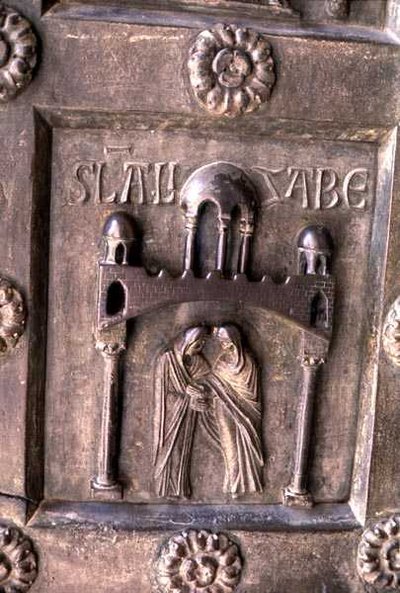 Porta di S. Ranieri -portin vierailua kuvaava paneeli. tekijältä Bonannus of Pisa