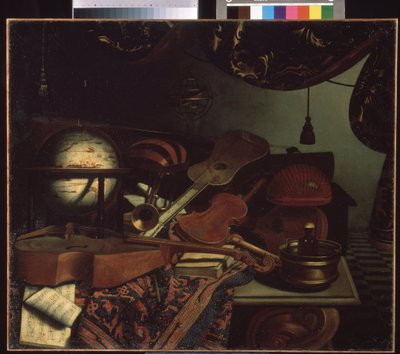 ""Asetelma soittimilla"" (Asetelma soittimilla) Maapallo, huilu, partituuri, alttoviulu, kitara. Bonaventura Betteran (1663-1718) maalaus 1715 Pushkin-museo, Moskova tekijältä Bonaventura Bettera