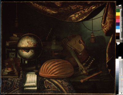 ""Bodegó amb instruments musicals"" (Bodegó amb instruments musicals) Globus, flauta, partitura, viola, guitarra. Pintura de Bonaventura Bettera (1663-1718) 1715 Museu Puixkin, finlandès de Moscou tekijältä Bonaventura Bettera
