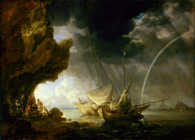 Merimaisema, jossa merimiehet suojautuvat sadetta vastaan, 1600-luvun puoliväli (öljy paneelille) tekijältä Bonaventura Peeters
